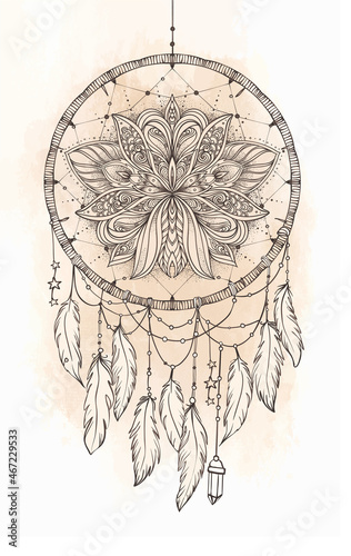 Hand drawn Native American Indian talisman dreamcatcher with feathers and moon. Vector hipster illustration isolated on white. Ethnic design, boho chic, tribal symbol.