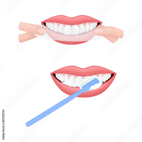 Open Mouth with Toothbrush and Dental Tape Scrubbing and Cleaning Teeth Vector Set