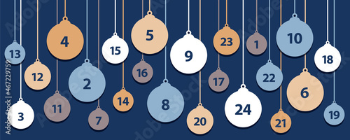 advent calendar 24 christmas tree balls on blue background