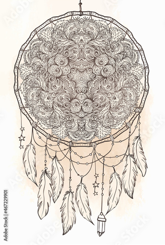 Hand drawn Native American Indian talisman dreamcatcher with feathers and moo...