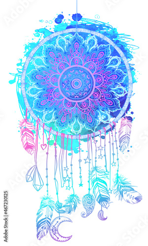Hand drawn Native American Indian talisman dream catcher with mandala round pattern, feathers, moon. Vector illustration over watercolor. Ethnic design, boho, dreamcatcher tribal symbol.