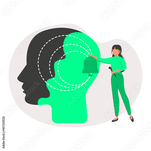 Self conscious and awareness as attention to inner human tiny person concept. Sharp thinking and notice actions around as awake yourself with inner ringing bell vector illustration. Psychology scene