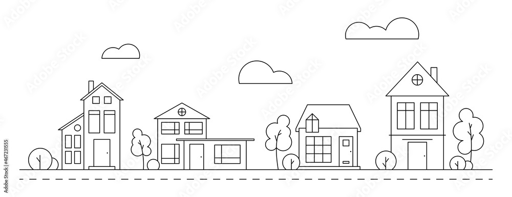 Neighborhood line art vector illustration with house collection. Cityscape with monochrome residential buildings.