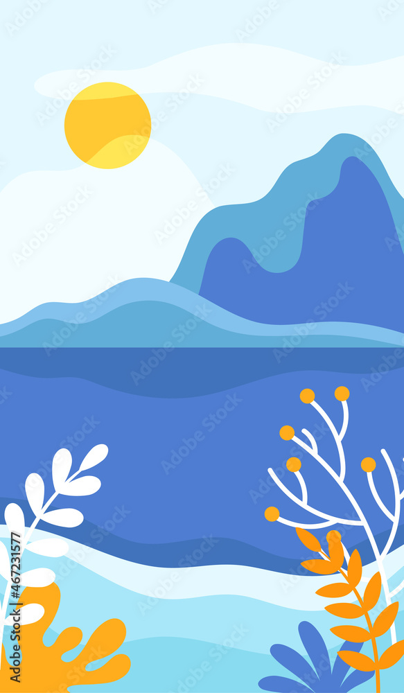 Blue Day Abstract Landscape with Mountains and Sun in the Sky Vector Illustration