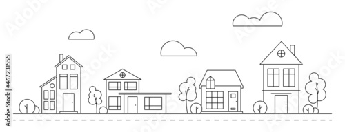 Neighborhood line art vector illustration with house collection. Cityscape with monochrome residential buildings.