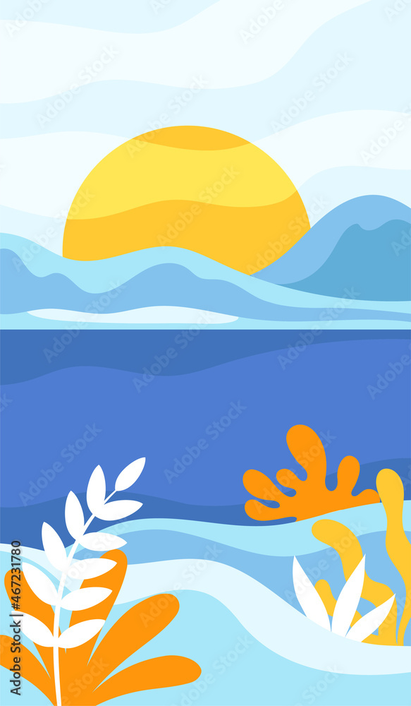 Blue Day Abstract Landscape with Mountains and Sun in the Sky Vector Illustration