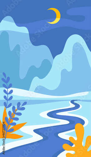 Blue Night Abstract Landscape with Mountains and Crescent in the Sky Vector Illustration
