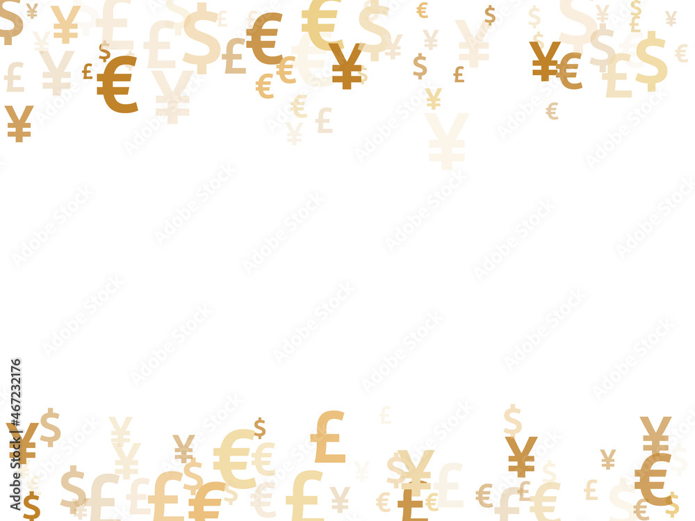 Euro dollar pound yen gold icons scatter currency vector design. Income backdrop. Currency tokens