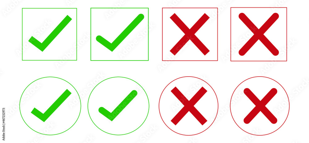 Vector set of green check marks and red crosses in square and circle outlines. Buttons. Incorrect, correct, positive, negative, right, wrong. Vector set of green check marks and red crosses in square and circle outlines. Buttons. Incorrect, correct, positive, negative, right, wrong.