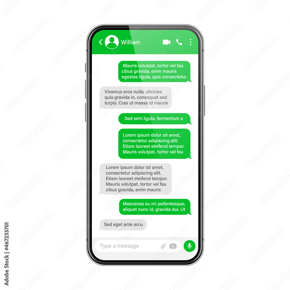 Realistic smartphone with chatting app. SMS text frame. Conversation chat  screen with green message bubbles and placeholder text. Social media  application. Vector illustration. Stock Vector | Adobe Stock