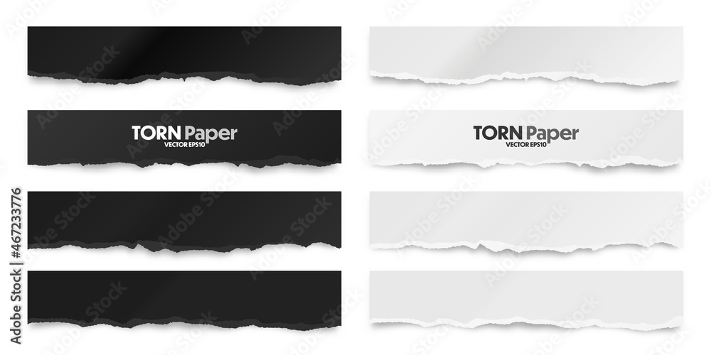 Ripped black and white paper strips. Realistic crumpled paper scraps with torn edges. Shreds of notebook pages. Vector illustration.