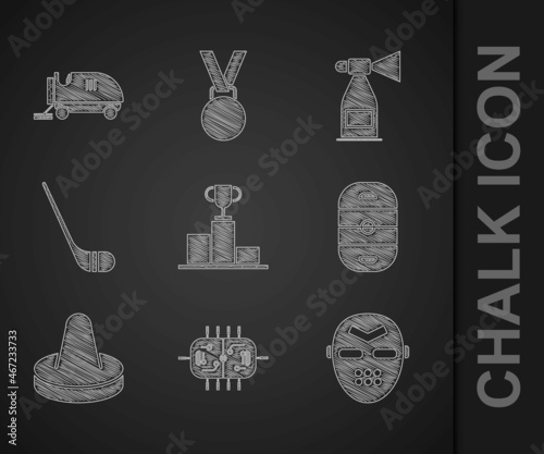 Set Hockey over sports winner podium, table, mask, Ice hockey rink, Mallet for playing air, stick, Air horn and resurfacer icon. Vector