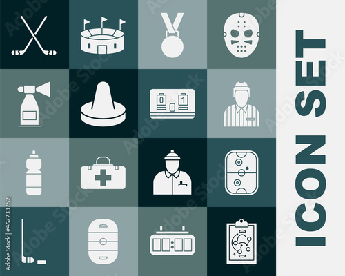 Set Planning strategy, Air hockey table, Hockey judge, referee, arbiter, Medal, Mallet for playing air, horn, Ice sticks and mechanical scoreboard icon. Vector