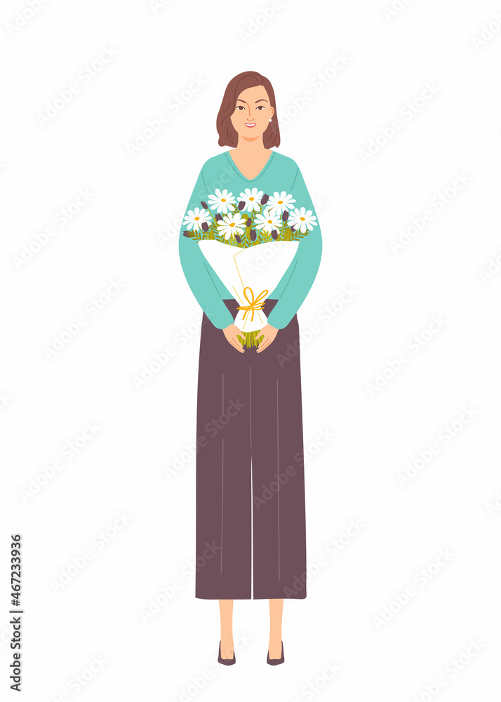 Beautiful woman with a bouquet of flowers. Female character isolated on white background. International Women's Day. Vector illustration in flat style. Beautiful woman with a bouquet of flowers. Female character isolated on white background. International Women's Day. Vector illustration in flat style.
