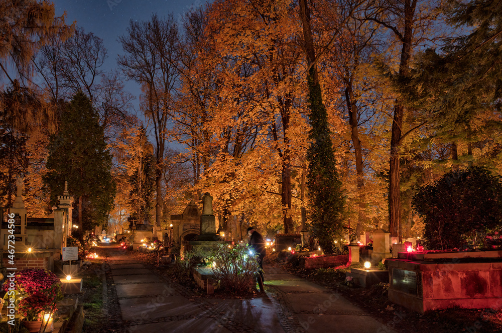 Obraz premium All Saints' Day at night - Rakowicki Cemetery - Krakow - Poland