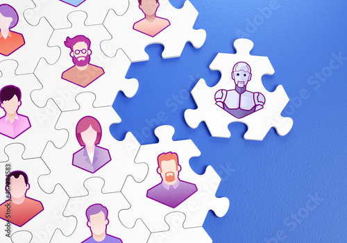Automation of HR Management. Composed together hexagonal pieces of a jigsaw puzzle with pictured pictograms of office persons and one of them with a robot icon is disconnected. 3D-rendering graphics.