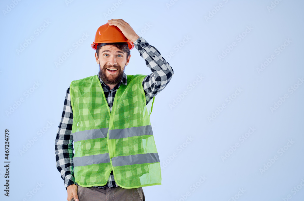 emotional man green vest orange helmet workflow hand gestures isolated background