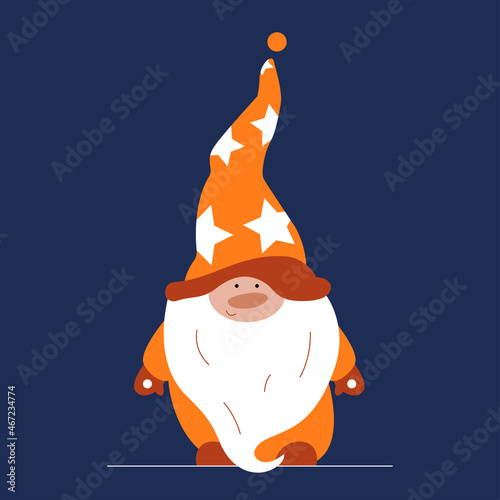 Vector flat illustration with one Christmas gnome on blue background.