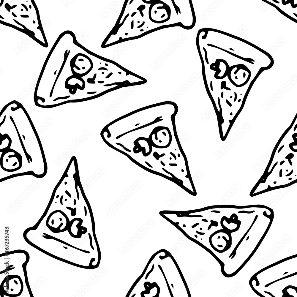 seamless pattern of a triangular slice of pizza. A seamless pattern of a slice of pizza with mushrooms, hand-drawn in the style of a doodle with a black outline, is often placed on a white background seamless pattern of a triangular slice of pizza. A seamless pattern of a slice of pizza with mushrooms, hand-drawn in the style of a doodle with a black outline, is often placed on a white background