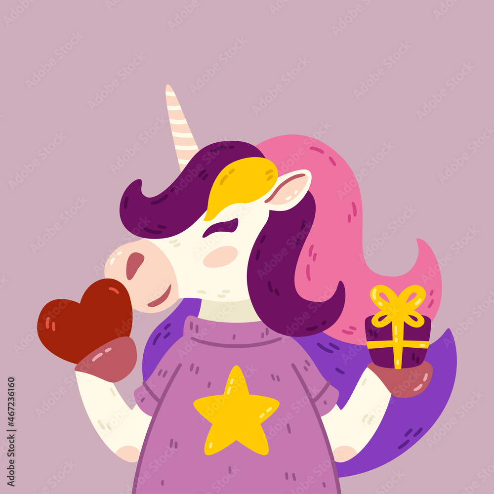 Cute unicorn portrait with gift and heart. Valentine's day romantic horse with horn, present, t-shirt. Vector illustration isolated on background. Cute unicorn portrait with gift and heart. Valentine's day romantic horse with horn, present, t-shirt. Vector illustration isolated on background.