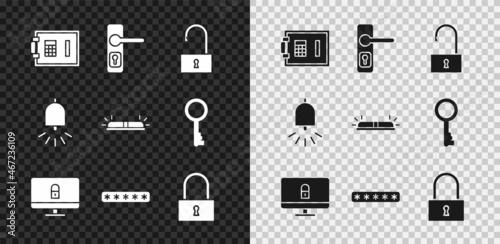 Set Safe, Door handle, Open padlock, Lock on computer monitor, Password protection, Ringing alarm bell and Flasher siren icon. Vector
