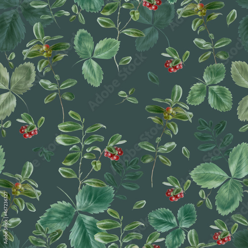 Watercolor botany leaves pattern on green background