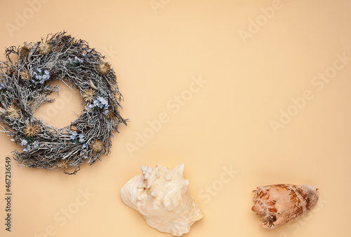 yelllow background and table sea scenery and seashells decoraton for you photo