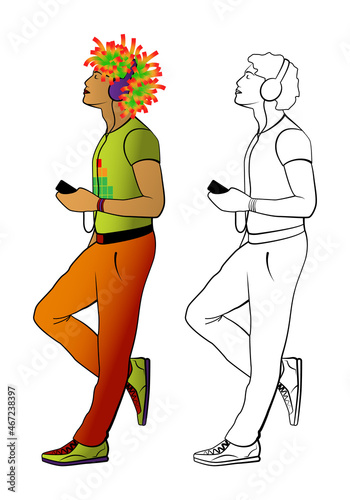 A man with headphones enjoys listening to music. His hair is in the form of a musical beat.