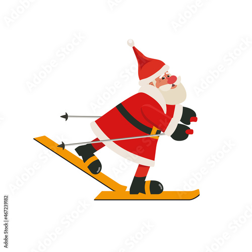 Santa Claus skiing on ski cute vector icon isolated on white background. Father Christmas fun on ski cartoon design element illustration. Santa Claus skiing winter holiday season decoration element