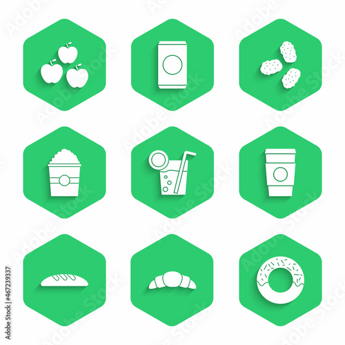 Set Cocktail, Croissant, Donut, Coffee cup to go, Bread loaf, Popcorn in box, Chicken nuggets and Apple icon. Vector