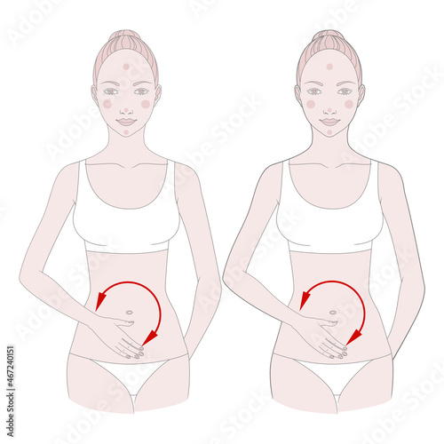 Half-figure of a girl. Self-massage of fatty deposits in the abdomen. Vector illustration.