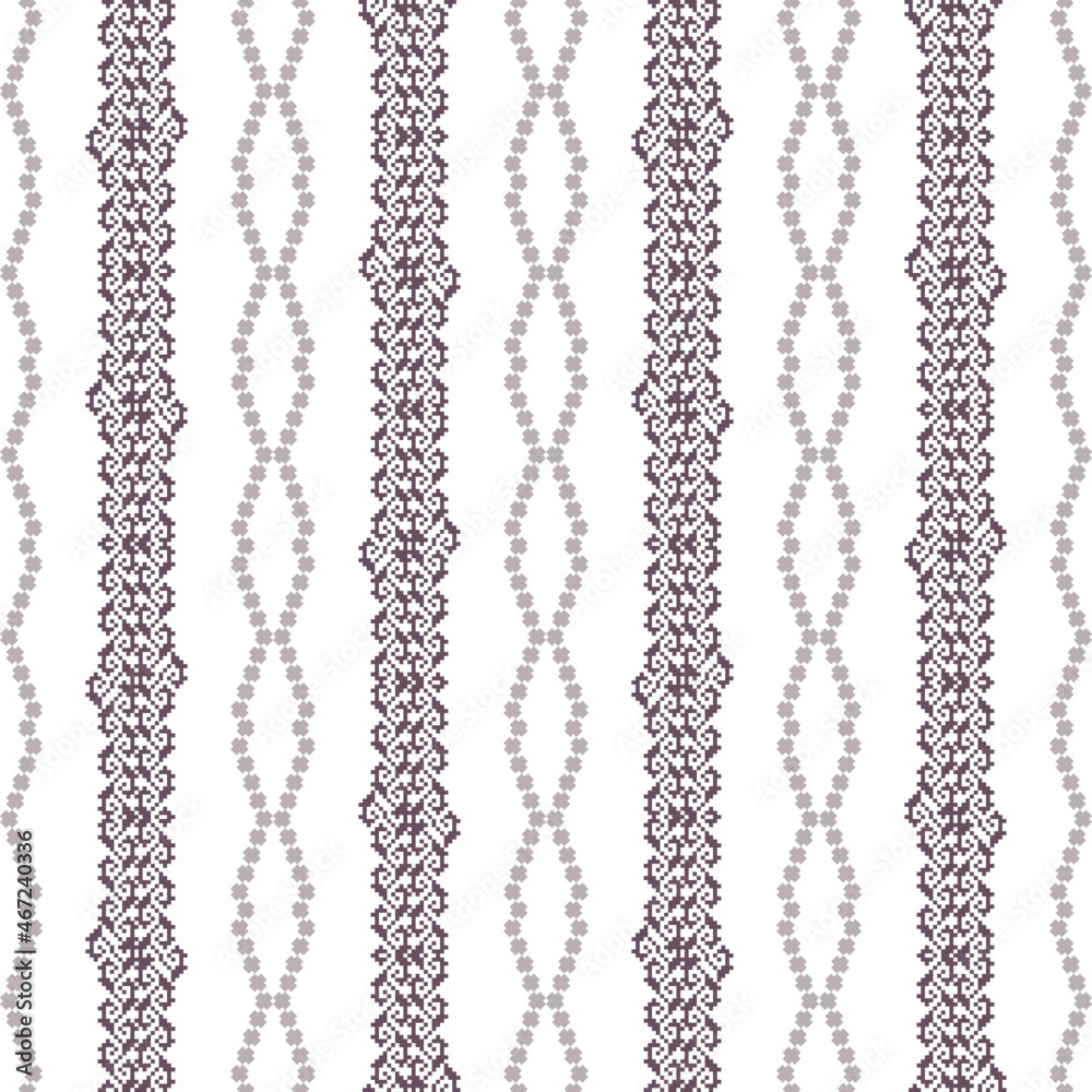 Geometric seamless pattern of purple squares in a flat style ornament in the form of pixels. Embroidery dotted schemes. Textile geo prints. Geometric seamless pattern of purple squares in a flat style ornament in the form of pixels. Embroidery dotted schemes. Textile geo prints.