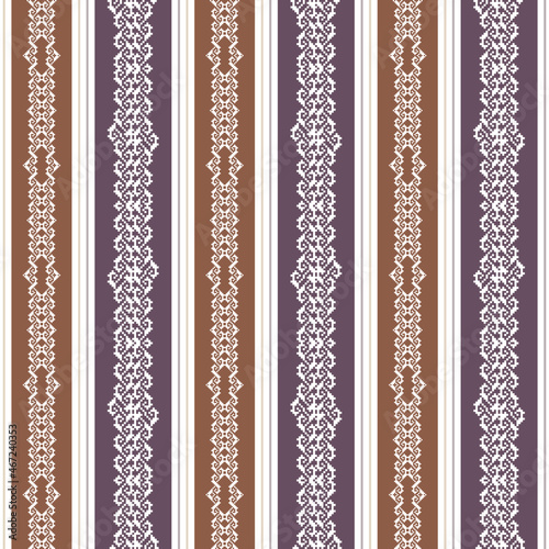Geometric seamless pattern of brown and purple squares in a flat style ornament in the form of pixels. Embroidery dotted schemes. Textile geo prints. 