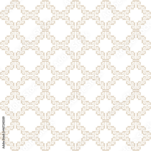 Geometric seamless pattern of brown and purple squares in a flat style ornament in the form of pixels. Embroidery dotted schemes. Textile geo prints. 