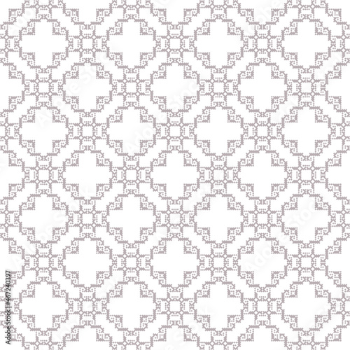Geometric seamless pattern of brown and purple squares in a flat style ornament in the form of pixels. Embroidery dotted schemes. Textile geo prints. 