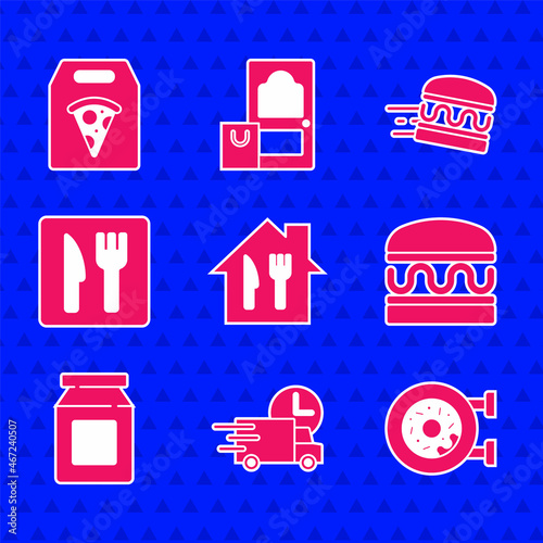 Set Online ordering and delivery, Fast by car, Donut, Burger, Cafe restaurant location, burger and pizza icon. Vector