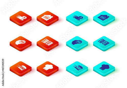 Set Online ordering burger delivery, Chef hat, and, Restaurant cafe menu, and Fast by car icon. Vector