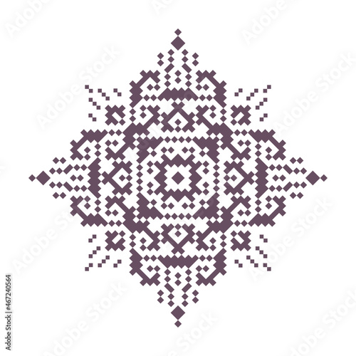 Geometric seamless pattern of  purple squares in a flat style ornament in the form of pixels. Embroidery dotted schemes. Textile geo prints. 