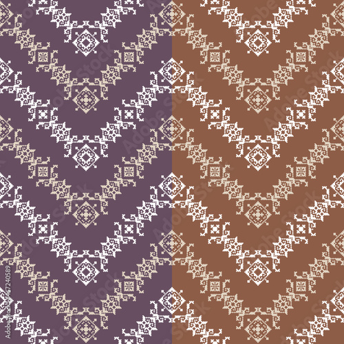 Geometric seamless pattern of brown and purple squares in a flat style ornament in the form of pixels. Embroidery dotted schemes. Textile geo prints. 