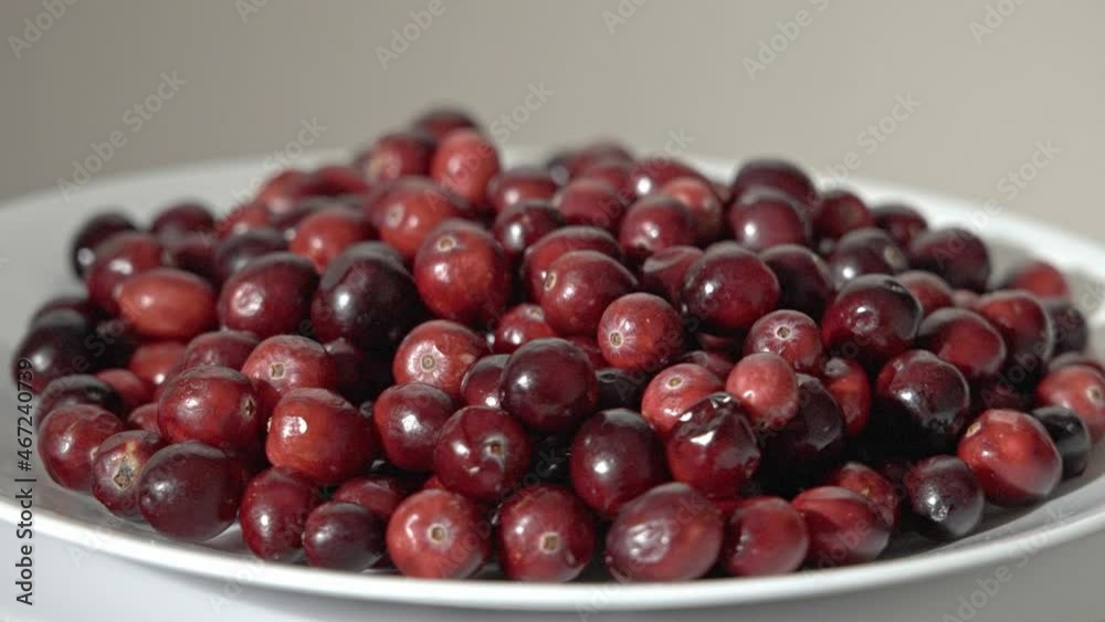 Rotating cranberries on white plate Rotating cranberries on white plate