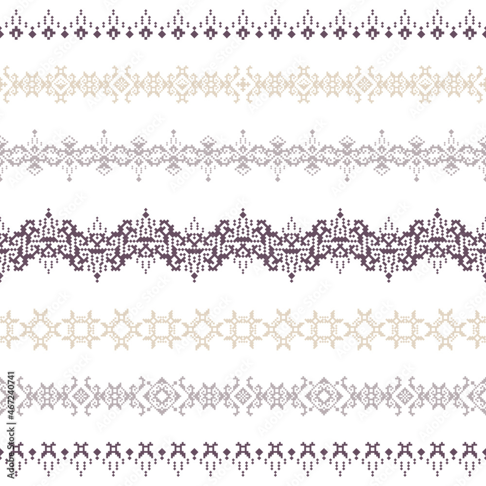 Geometric seamless pattern of brown and purple squares in a flat style ornament in the form of pixels. Embroidery dotted schemes. Textile geo prints of borders.