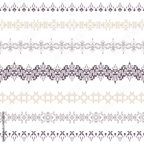 Geometric seamless pattern of brown and purple squares in a flat style ornament in the form of pixels. Embroidery dotted schemes. Textile geo prints of borders.