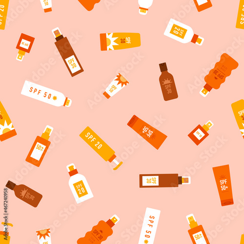 Vector spf cosmetics, palm leaves seamless pattern