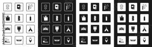 Set Leather whip, Cactus, Canteen water bottle, Dream catcher with feathers, Dynamite bomb, Deck of playing cards, Indian teepee or wigwam and Saloon door icon. Vector