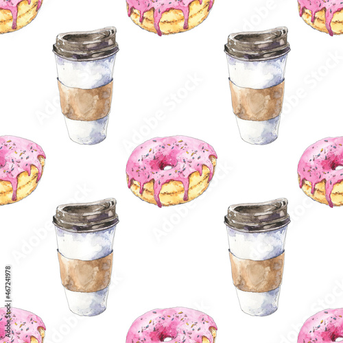 Bright coffee watercolor seamless pattern with paper cups and donuts hand drawn in sketch style. Popular hot drinks, dessert, fast food for background, wallpaper, textile design.