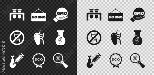 Set Test tube and flask, No GMO, Gmo research chicken, Label for eco healthy food, Biohazard magnifying glass, Stop and Genetically modified apple icon. Vector