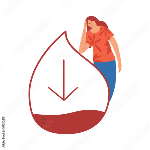 The person suffers from hypoglycemia. Low blood sugar. The woman is feeling weak. Vector illustration in flat style photo