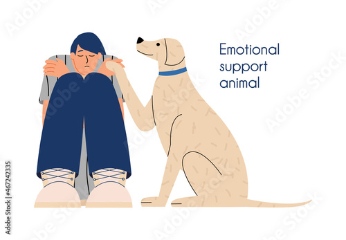 A depressed girl is provided with emotional support by her pet dog. Vector illustration in flat style photo