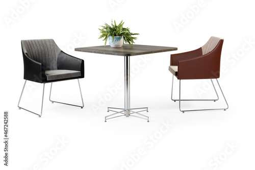 dining table and chairs with metal leg isolated on white background