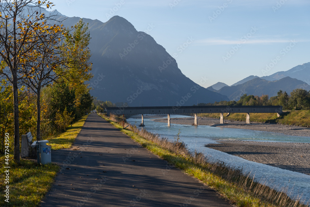 Vaduz, Liechtenstein, October 11, 2021 View over the rhine river in the morning